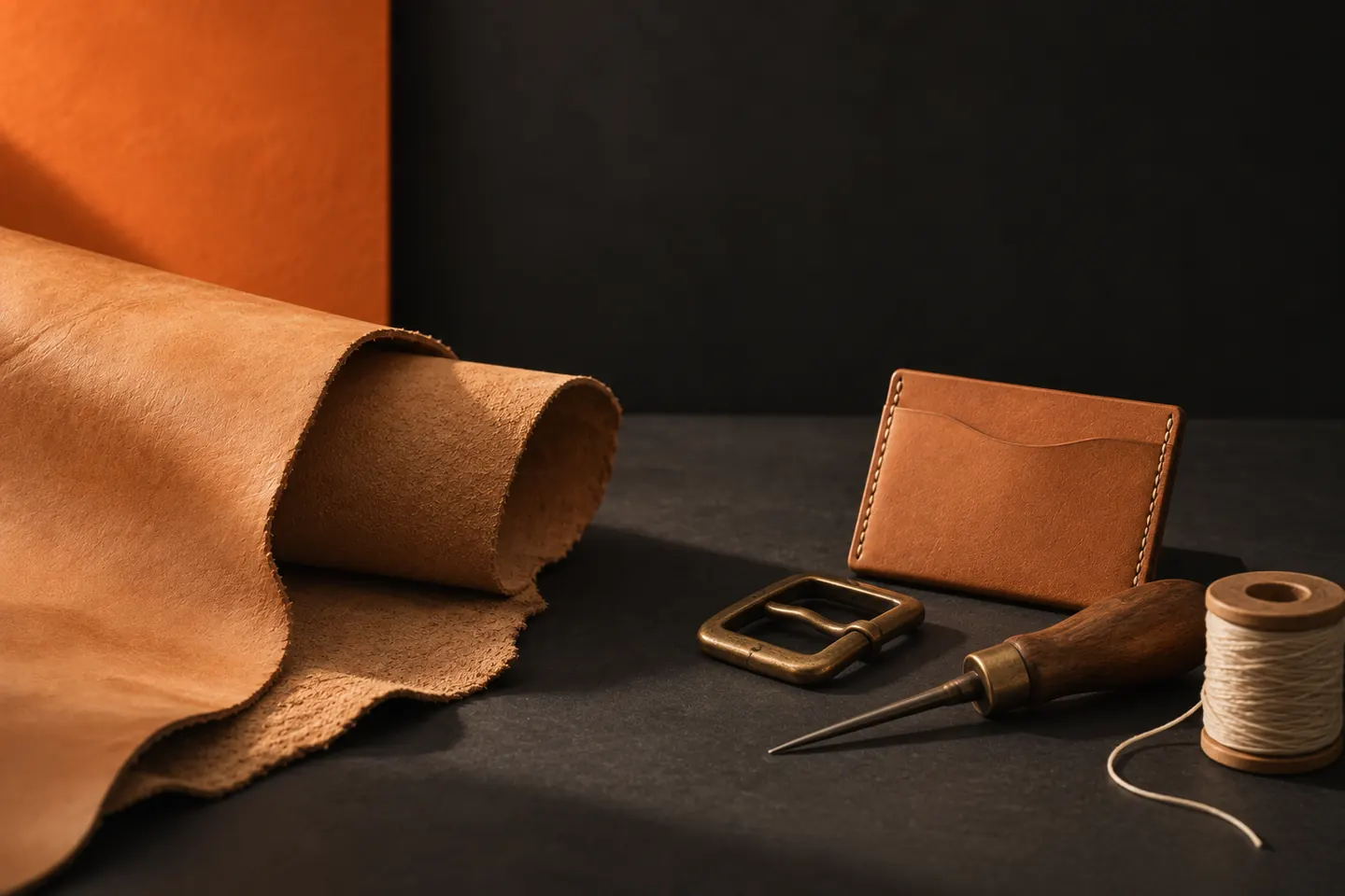 Tan leather, a stitched cardholder, buckle and leatherworking tools on a charcoal surface