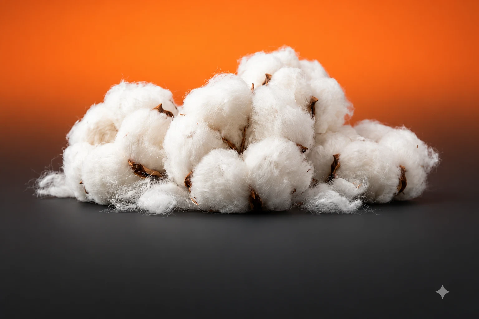 Cotton bolls against a tangerine and charcoal backdrop